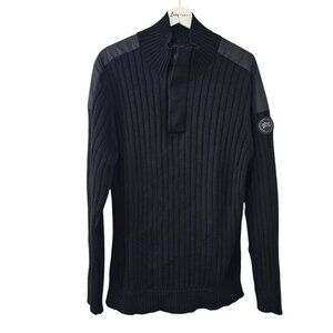 Canada Goose Mens 100% Merino Wool / Nylon Henley Sweater, Ribbed,Black, Size XL
